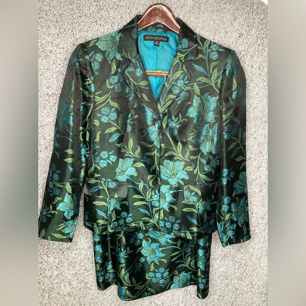Nipon Boutique Black Satin Skirt Set with Teal & Green Floral Pattern